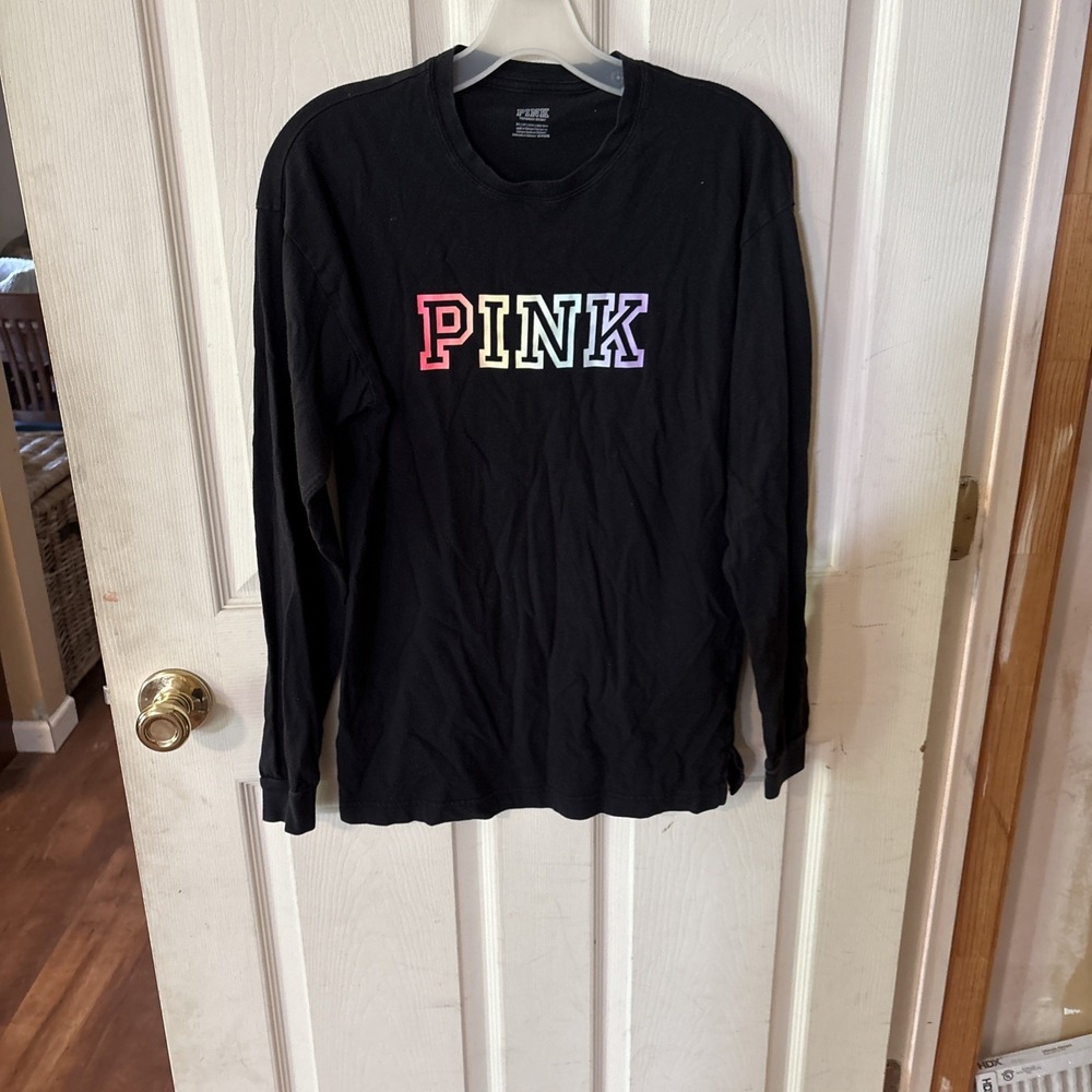 Victoria's Secret PINK Long Sleeve Campus Tee Black Rainbow Logo XS